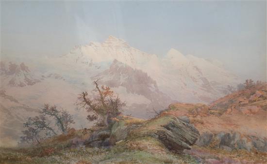 James William Garrett-Smith, watercolour, Sunset on the Jungfrau from Mannlichen, signed, 46 x 71cm.